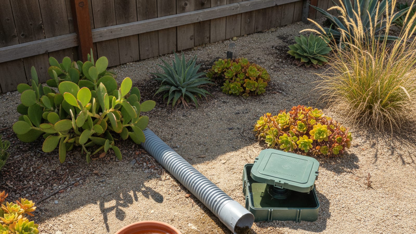 An overhead view of a San Diego County backyard with potential mosquito breeding sites — flowerpot saucers, irrigation valve box, and a downspout extension visible