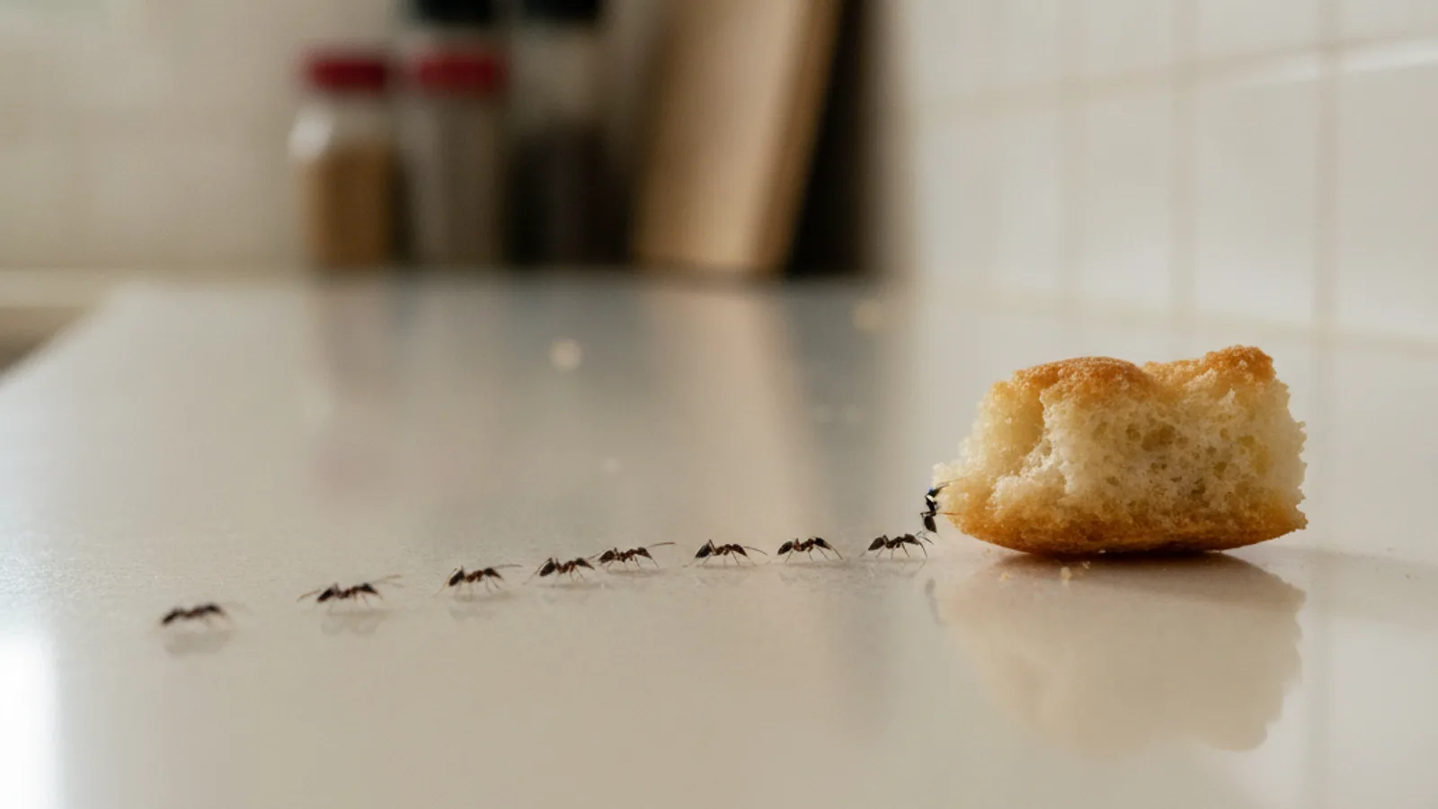 A trail of small ants crossing a kitchen countertop toward a crumb near the backsplash.