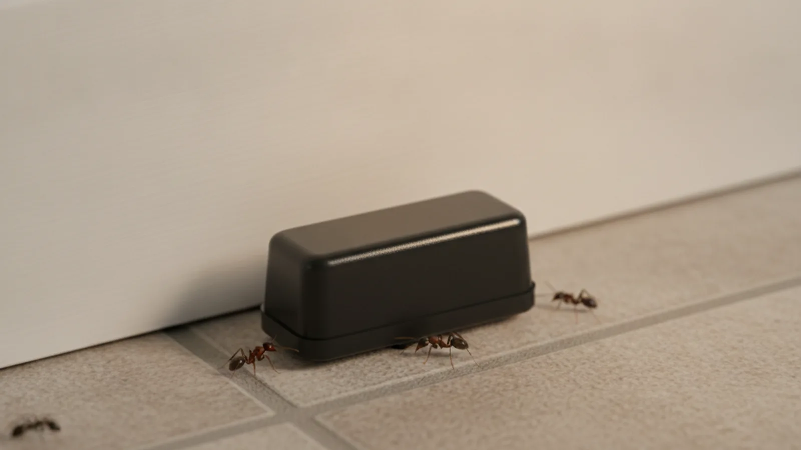 A plain black ant bait station on tile flooring against a white baseboard with ants nearby.