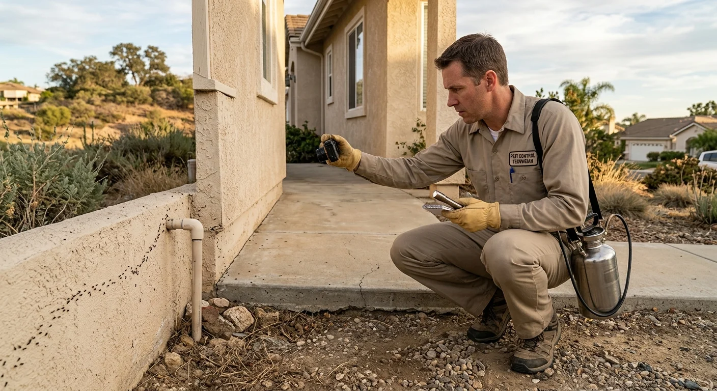 Licensed pest pro documenting an ant trail at a San Marcos home exterior