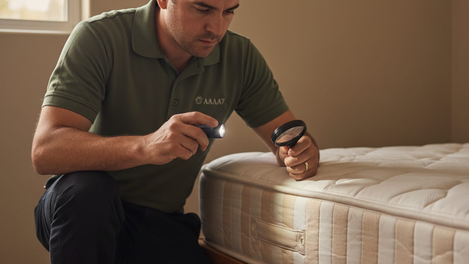 A pest control technician inspecting a mattress seam with a flashlight and magnifier for bed bug evidence