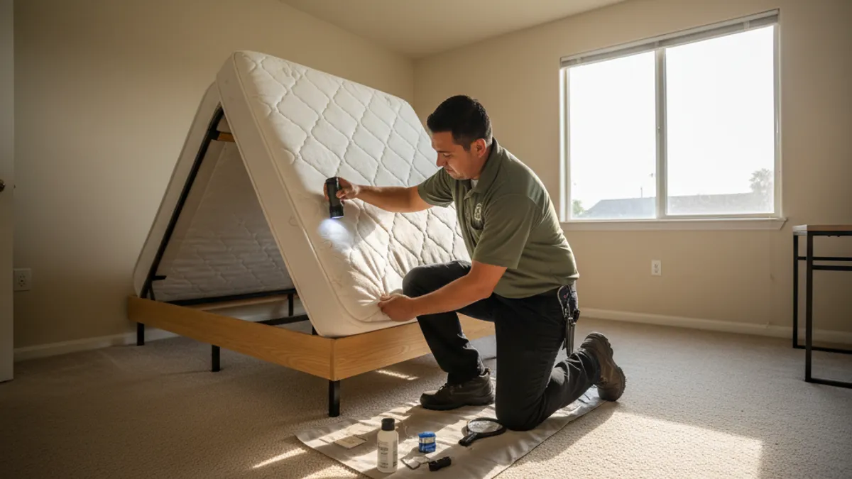 A pest control technician inspecting a stripped mattress seam in a San Marcos apartment bedroom.