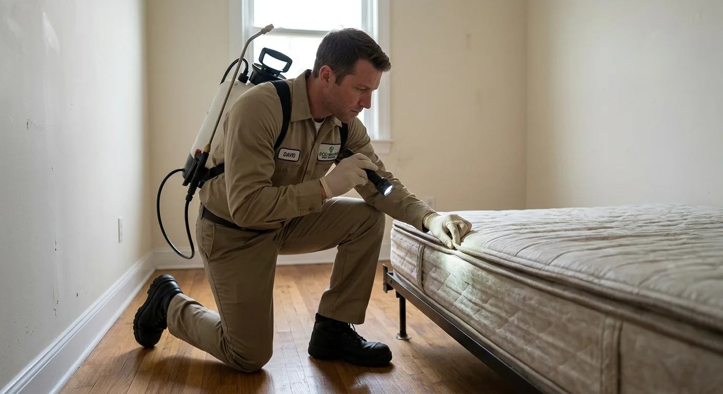 A person inspecting the seams of a mattress in an empty apartment with a flashlight.