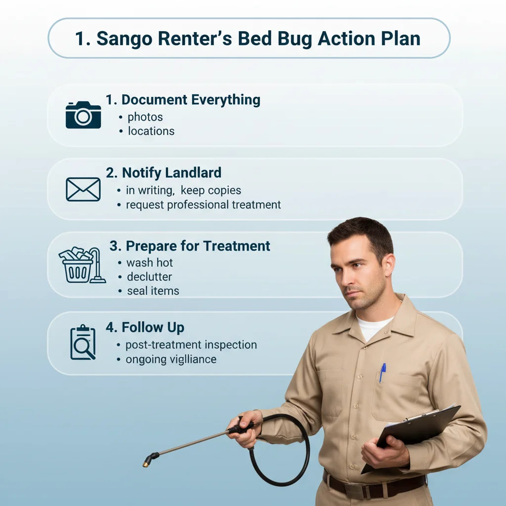 An infographic outlining the four key steps San Diego renters should take after discovering bed bugs in their apartment.