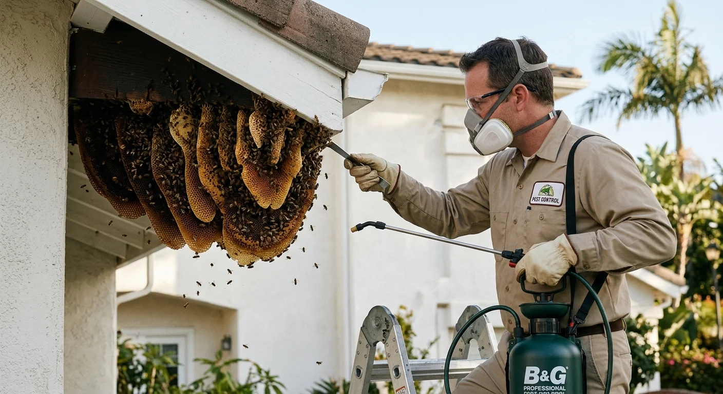 Wooden eaves and fascia on a San Diego home, the kind of bare wood carpenter bees bore into