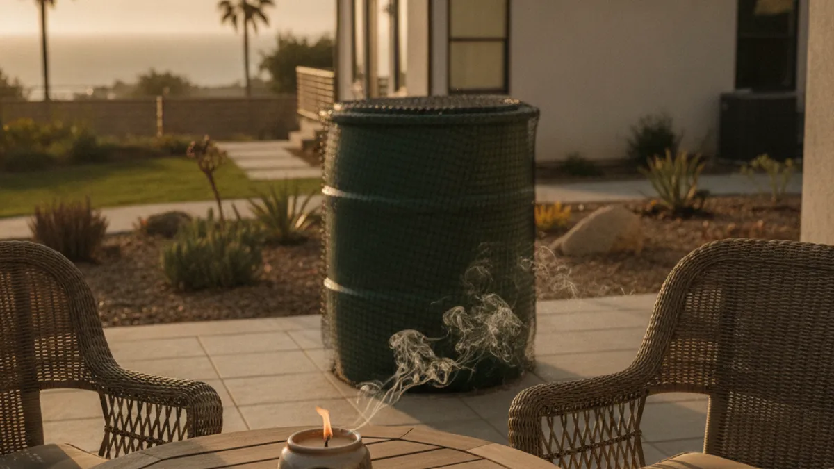 A San Diego backyard patio at golden hour with a citronella candle burning on the table and a covered rain barrel in the background