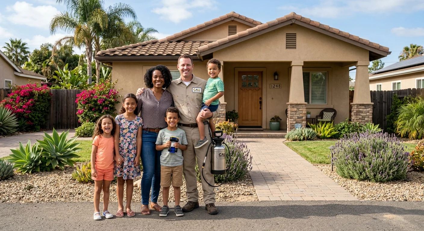 A friendly photo of a family standing outside their Chula Vista home, smiling