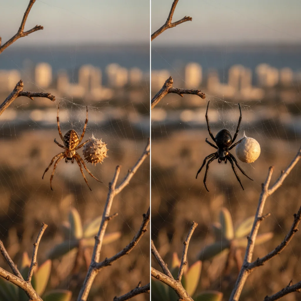 Side-by-side comparison of a brown widow spider (left, mottled tan body, spiky tan egg sac) and a black widow spider (right, shiny black body, smooth white egg sac) hanging in webs with the San Diego coastline in the background