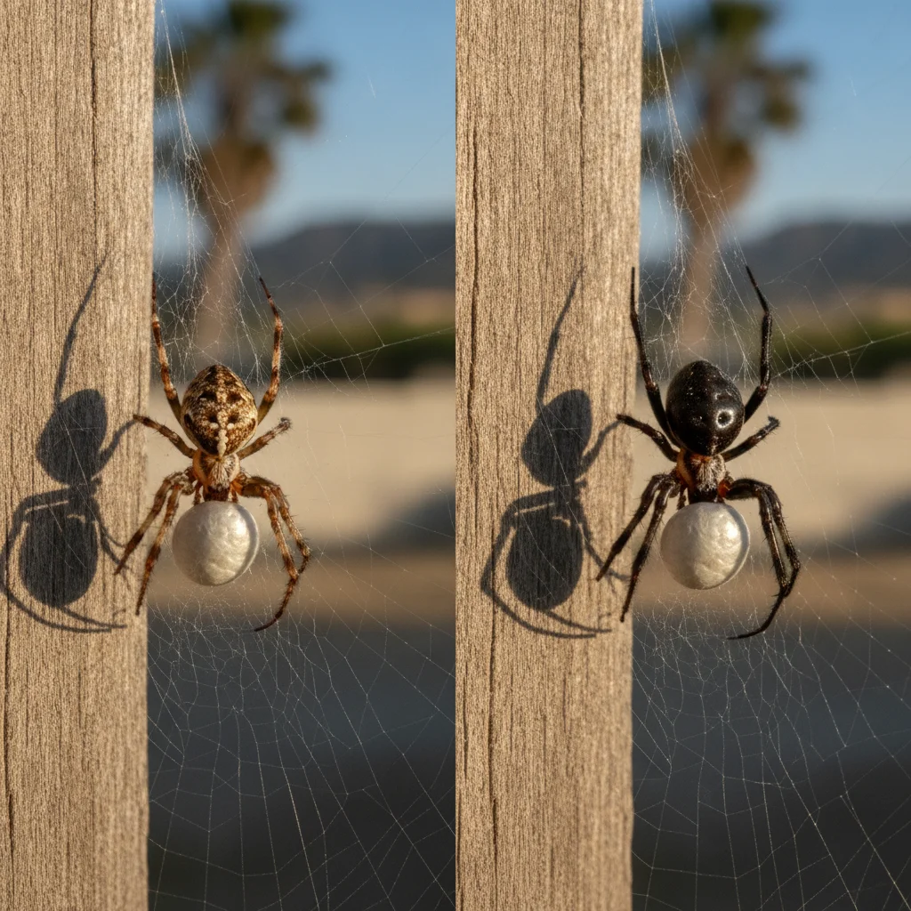 Close-up side-by-side comparison of a brown widow spider (left) and a black widow spider (right) on a wooden fence post, showing the difference in body color and the reddish hourglass marking on the black widow