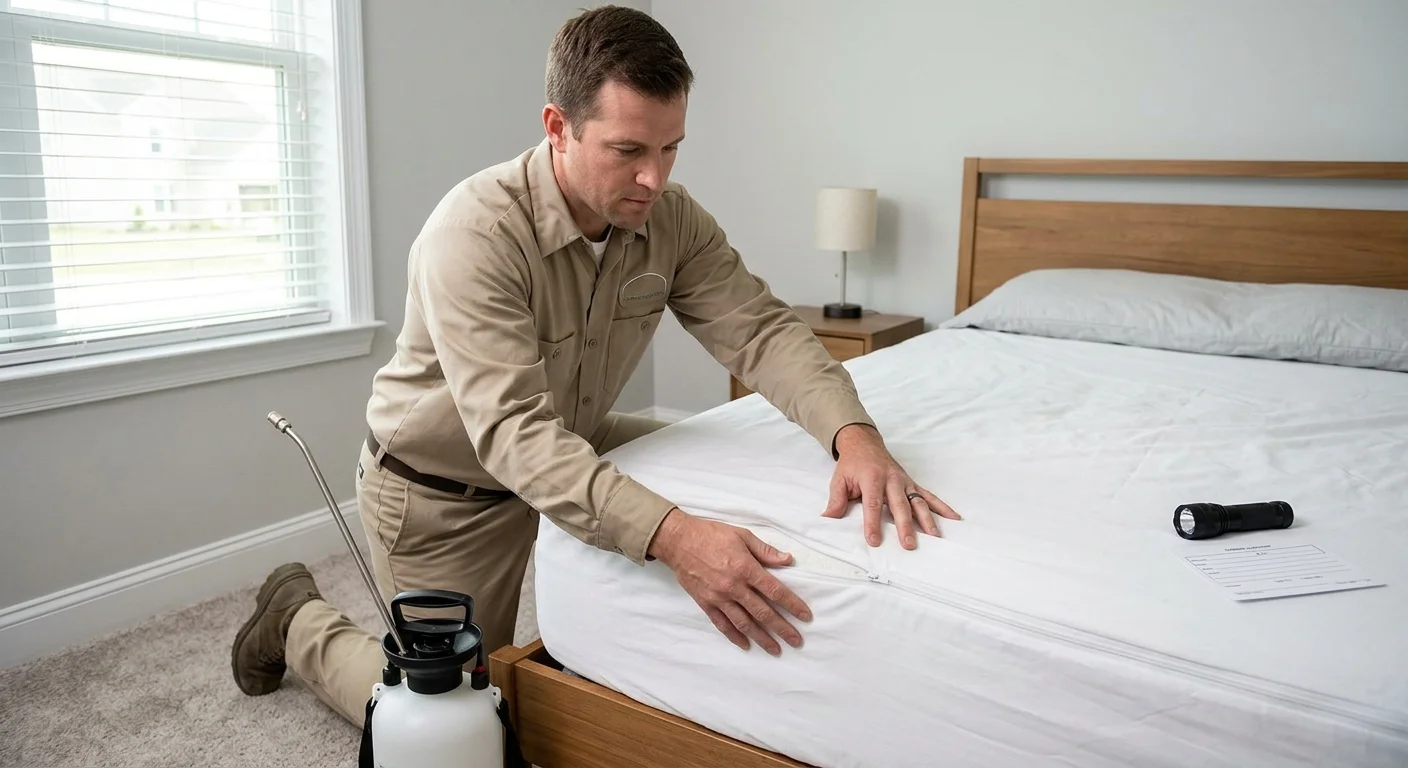 Zippered mattress encasement partly installed on a clean bed with a flashlight nearby