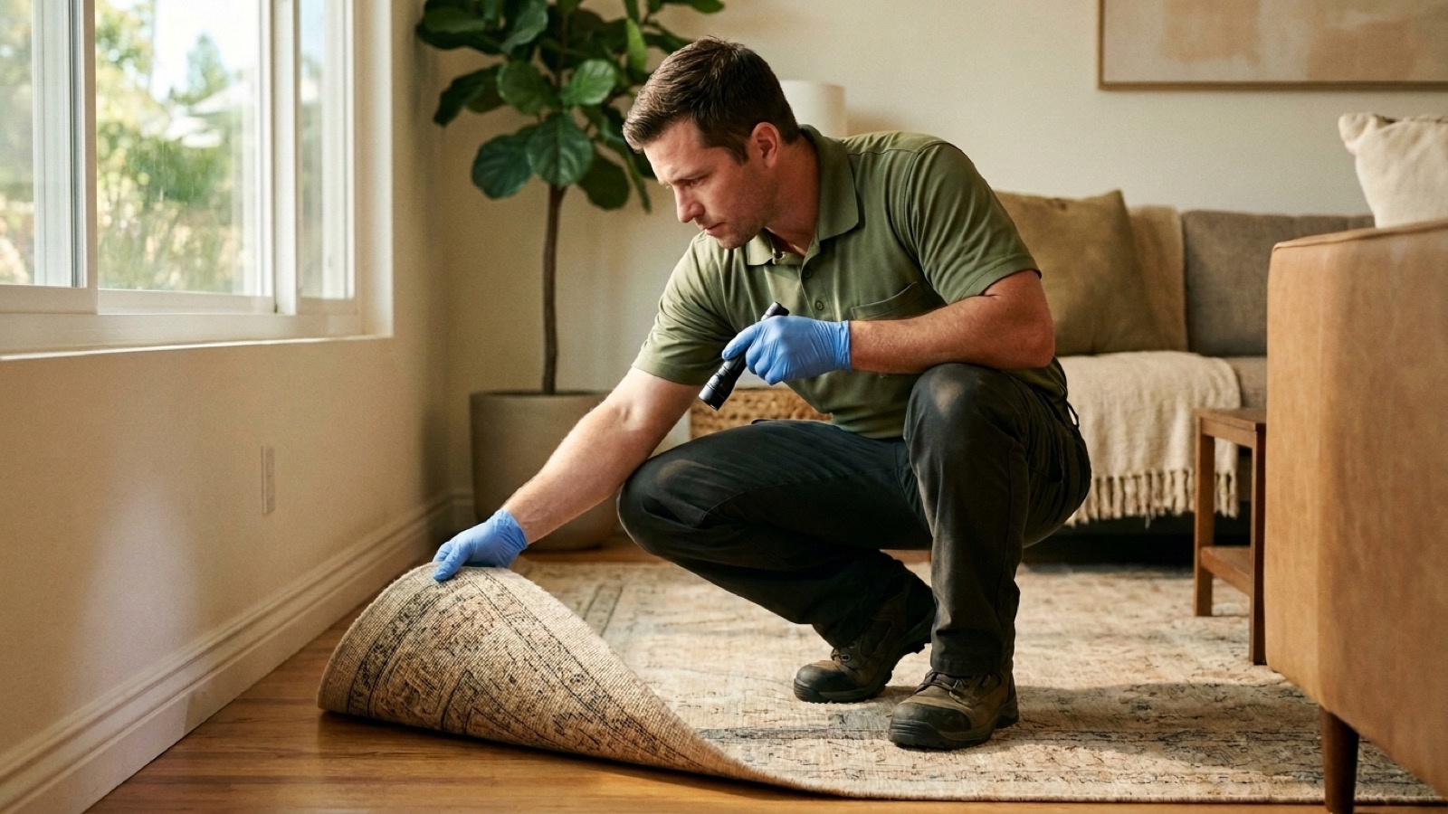 A pest control technician inspecting the edge of a wool area rug near a baseboard in a sunlit San Diego living room