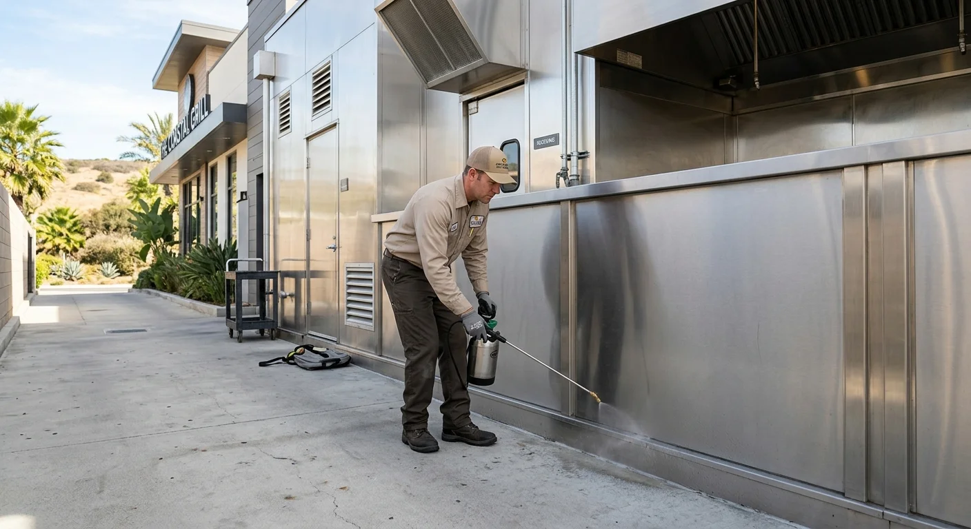 The clean, stainless steel exterior of a modern restaurant kitchen in Escondido, CA.