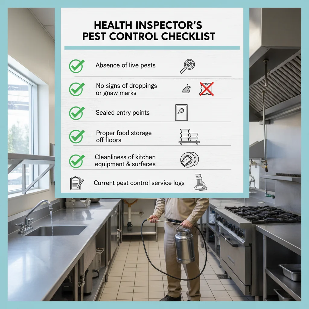 A checklist-style infographic detailing what San Diego County health inspectors look for regarding pest control in Escondido restaurants.