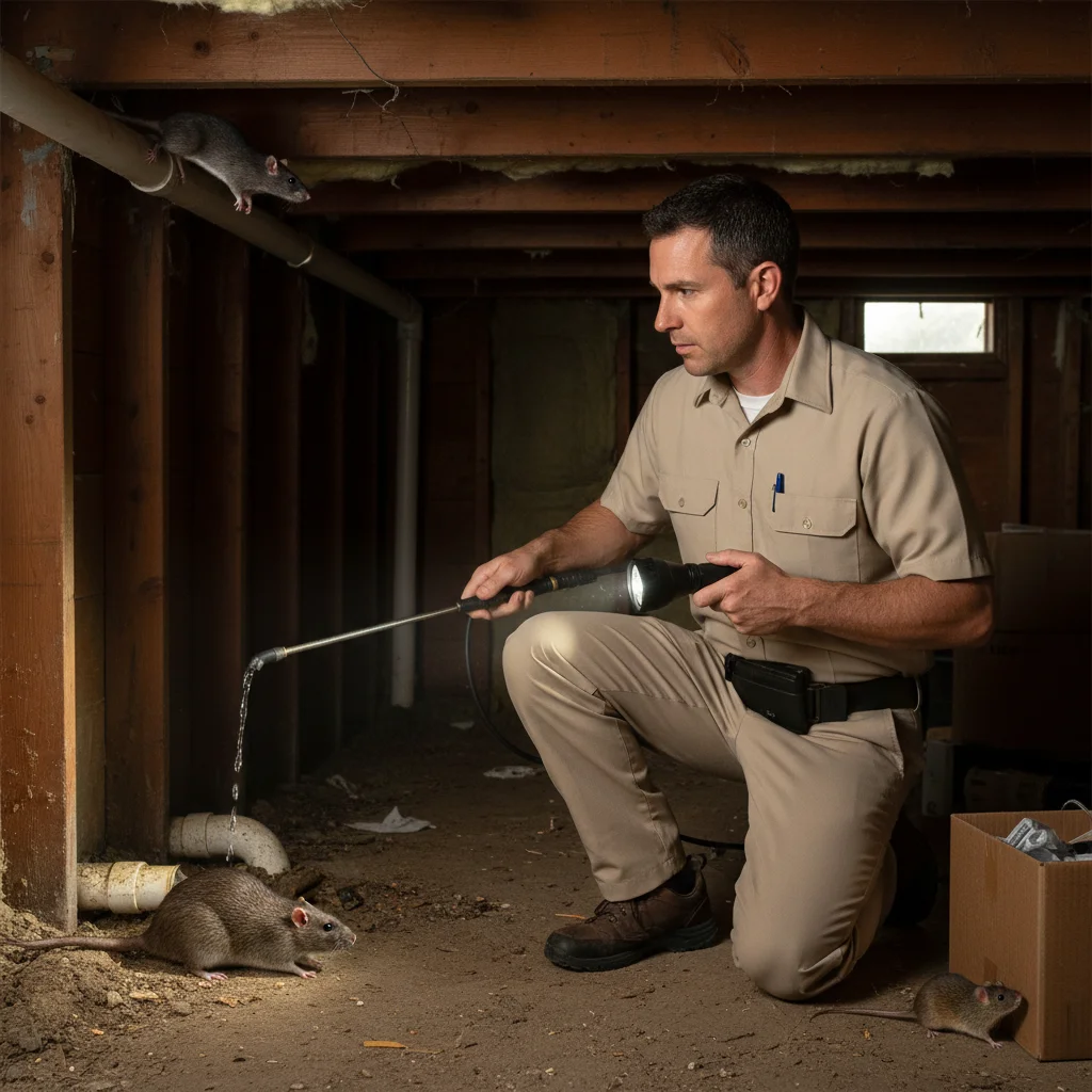 A roof rat perched on a wooden beam in a San Diego attic