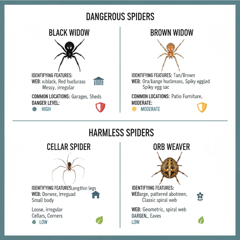 Infographic comparing common harmless and dangerous spiders in San Diego, showing identification features and risk levels.