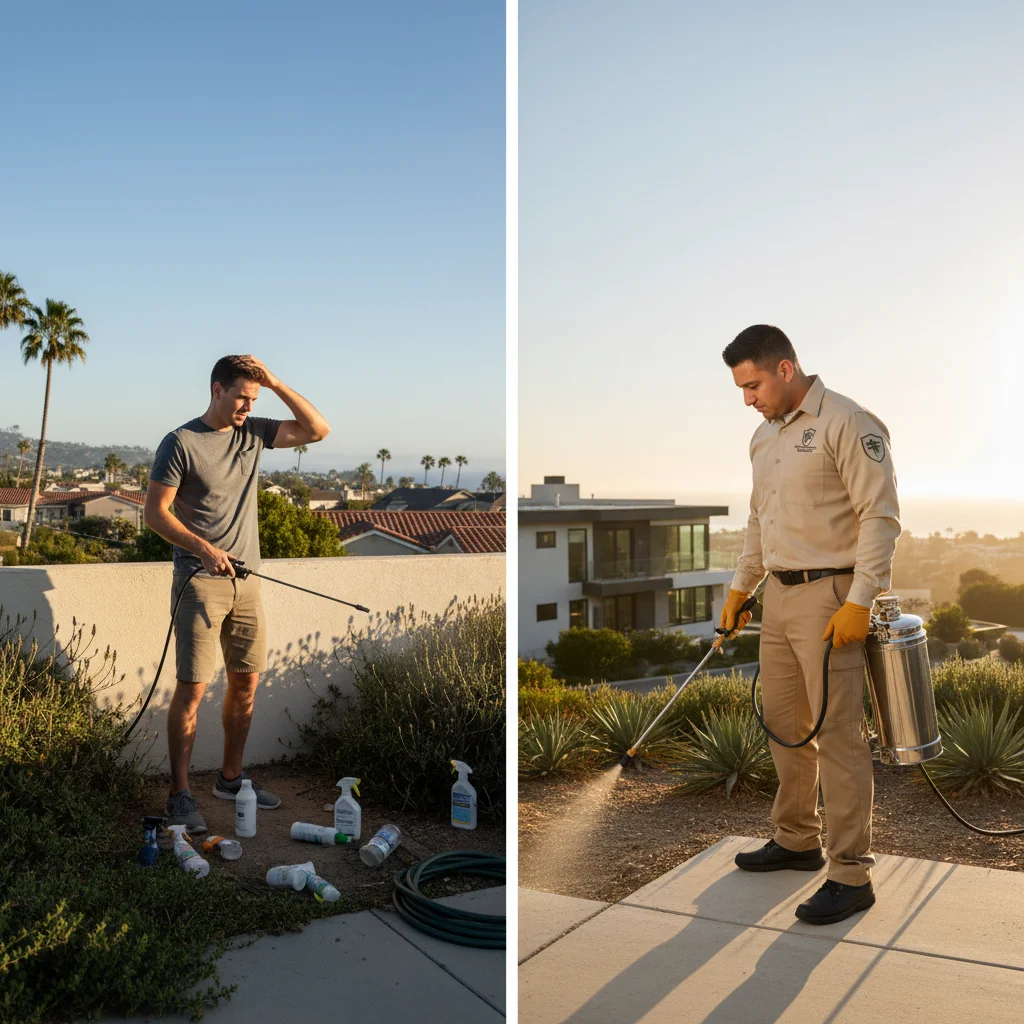 A pest control technician inspecting the exterior of a San Diego home
