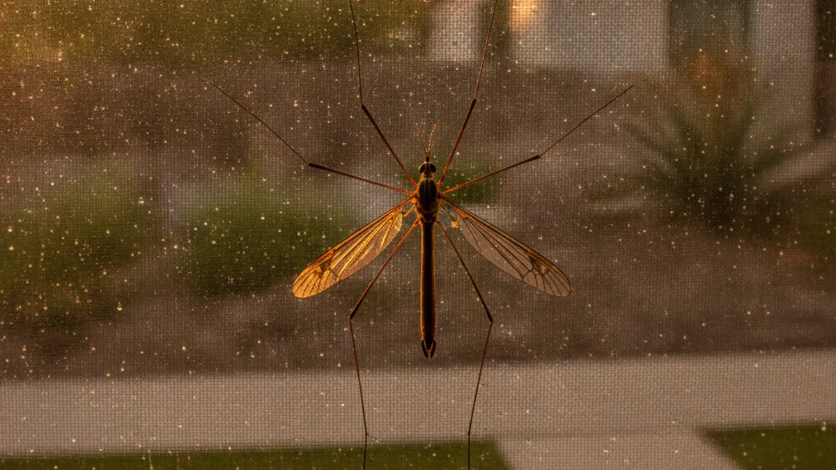 A large, long-legged crane fly resting on a screen door in a San Diego backyard at dusk
