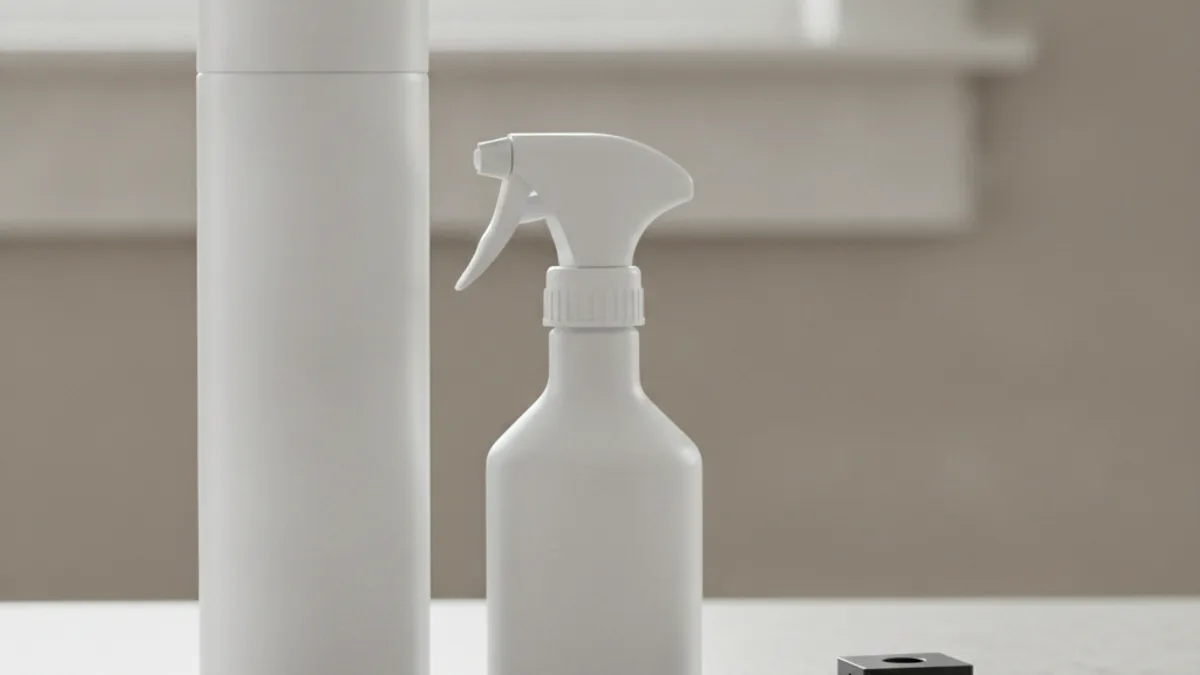 A plain unlabelled aerosol can and spray bottle on a kitchen counter beside bait stations.
