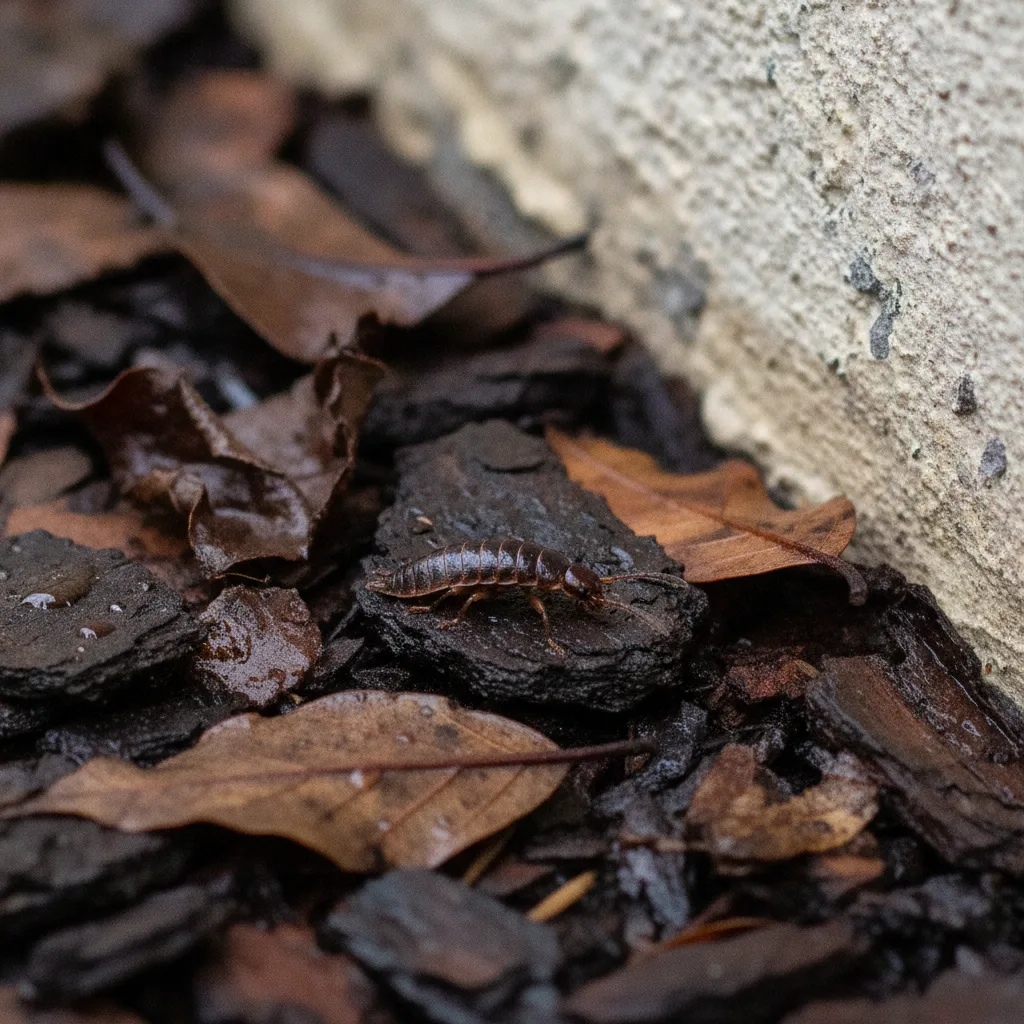 An earwig with rear pincers on damp bark mulch and wet leaf litter beside a stucco wall.