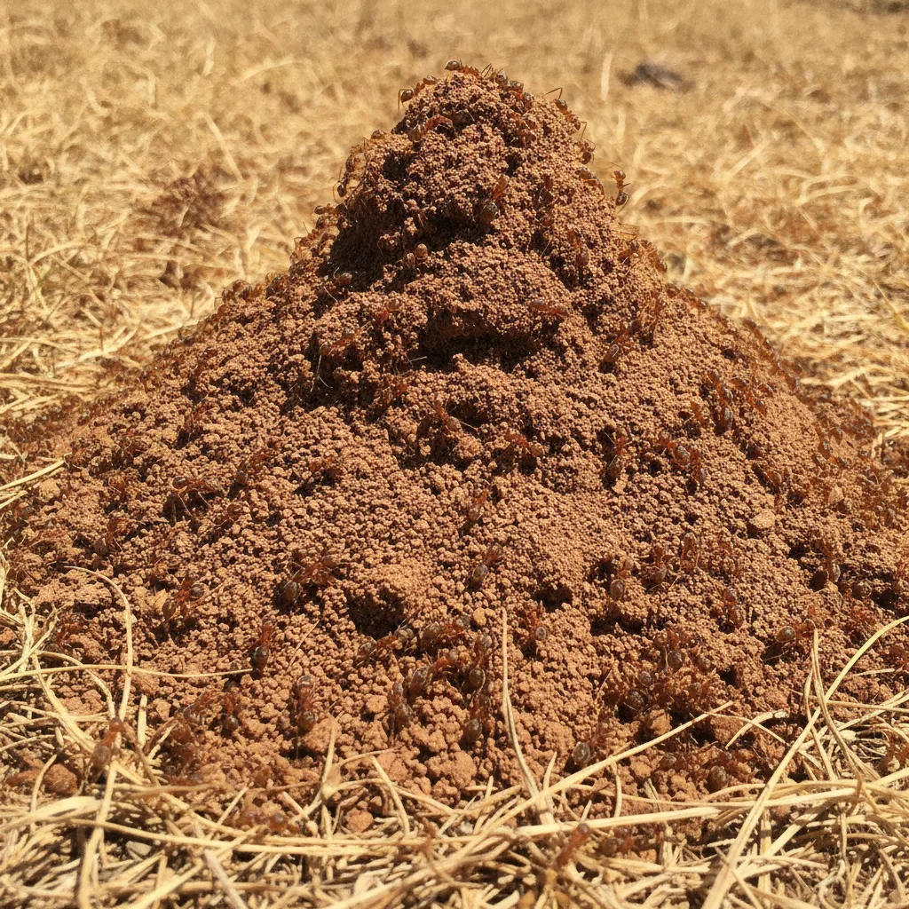 A loose mound of fine excavated soil in dry grass with reddish ants swarming over it.
