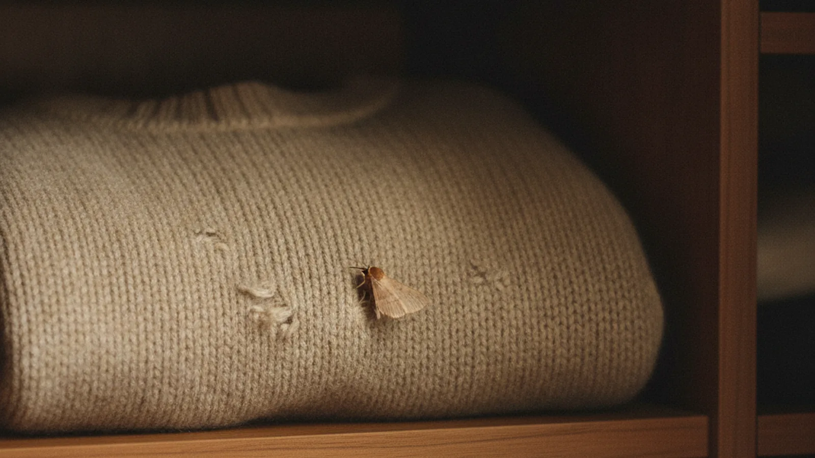 A folded wool sweater on a wardrobe shelf with small feeding holes and a pale clothes moth on the knit.