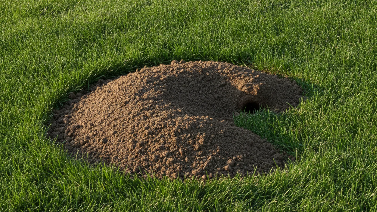 A fresh crescent-shaped pocket gopher mound of loose soil on a green suburban lawn.