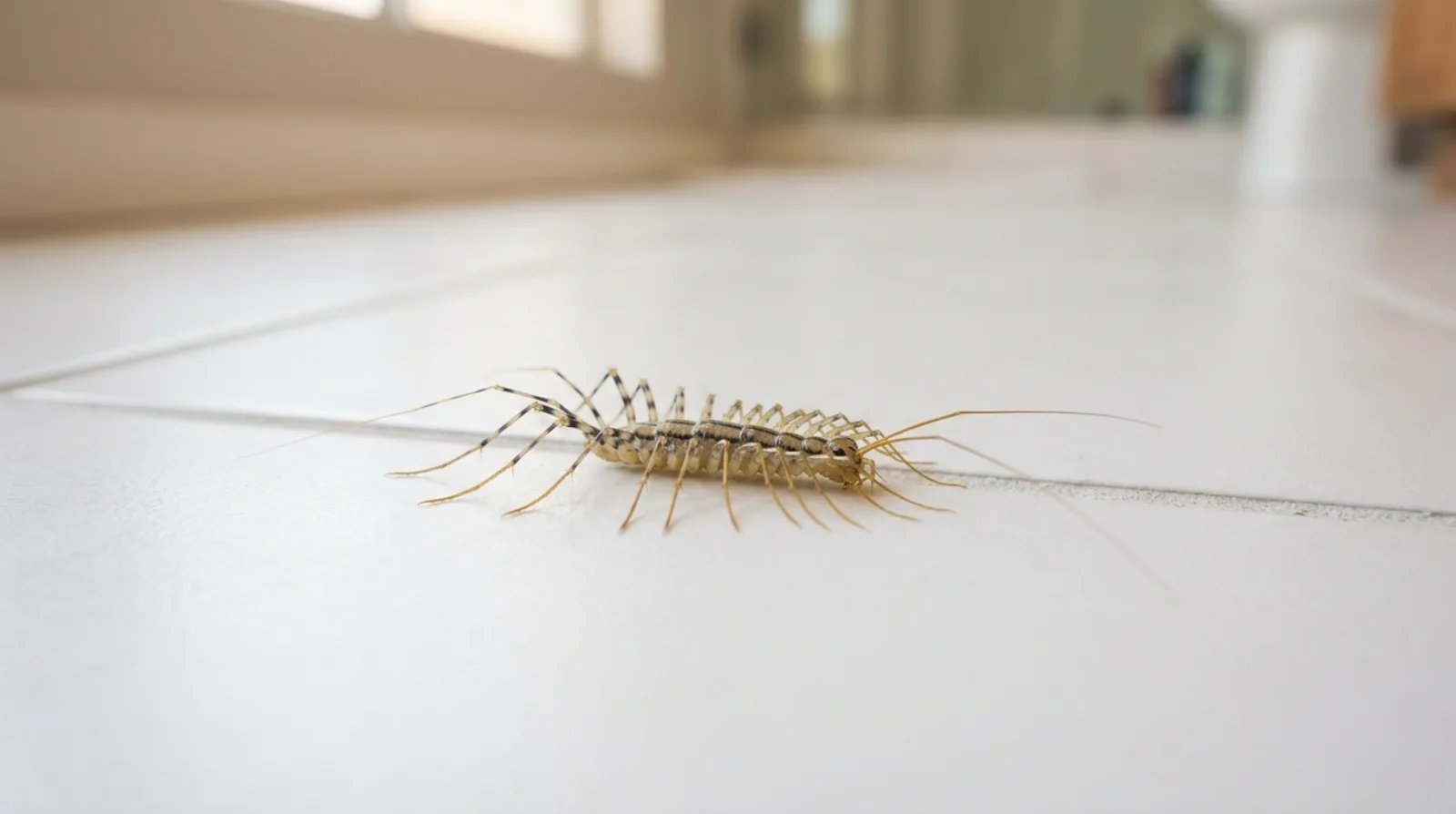 A house centipede on a tile bathroom floor in a San Diego home