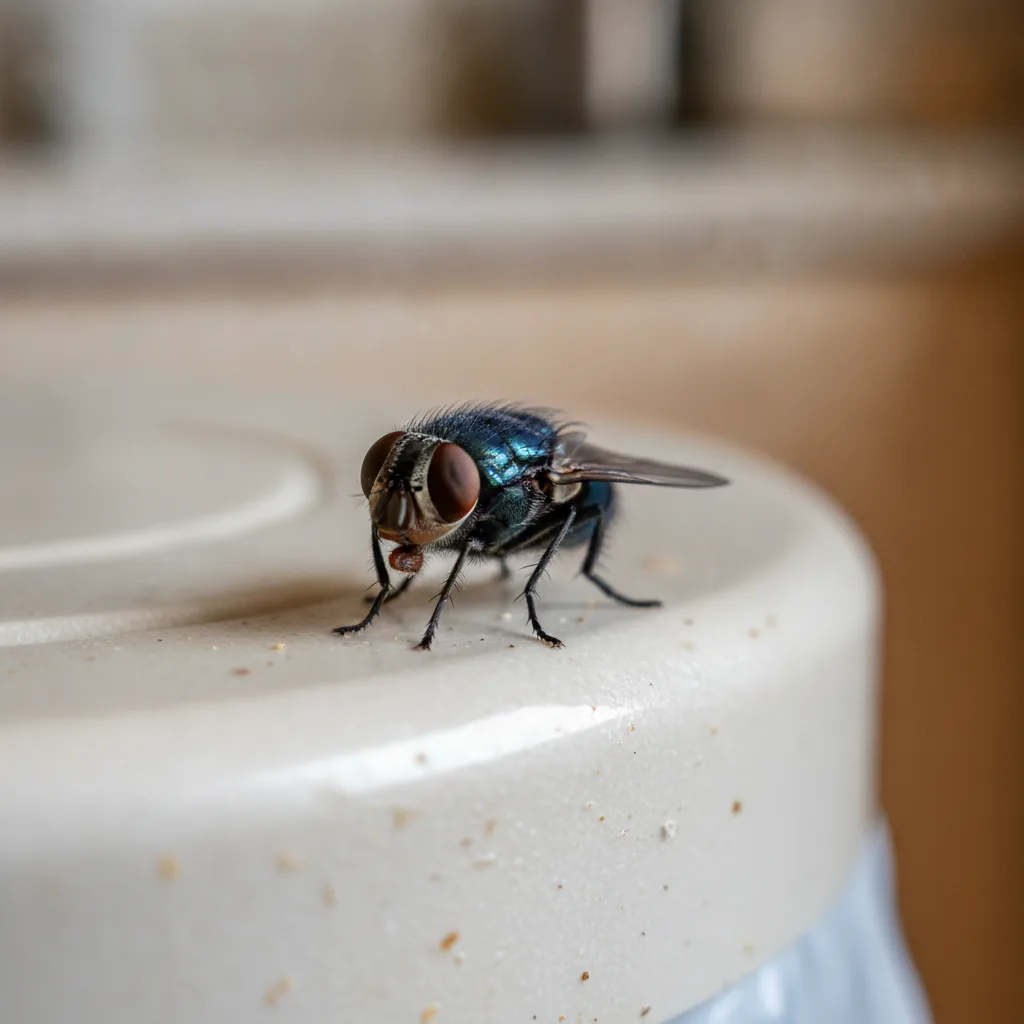 A house fly resting on the rim of a kitchen bin lid, compound eyes in sharp focus.