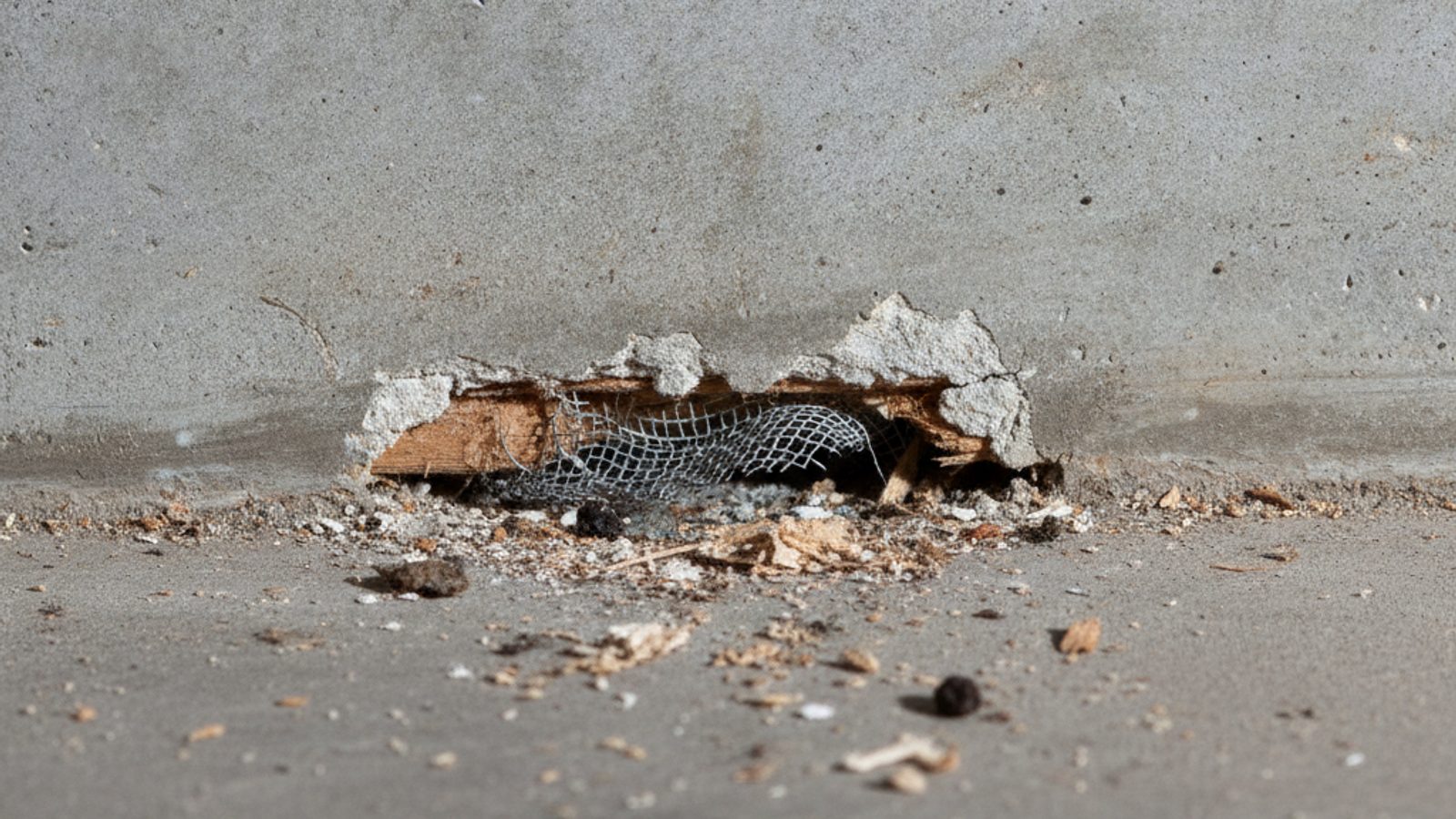 A gnawed gap at the base of a garage wall with wire mesh pushed into the opening and debris nearby.