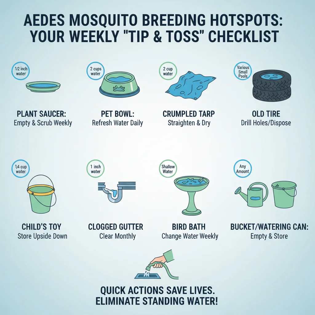 An infographic checklist showing common backyard items that collect small amounts of water, becoming Aedes mosquito breeding sites, with a call to 'Tip and Toss' weekly.