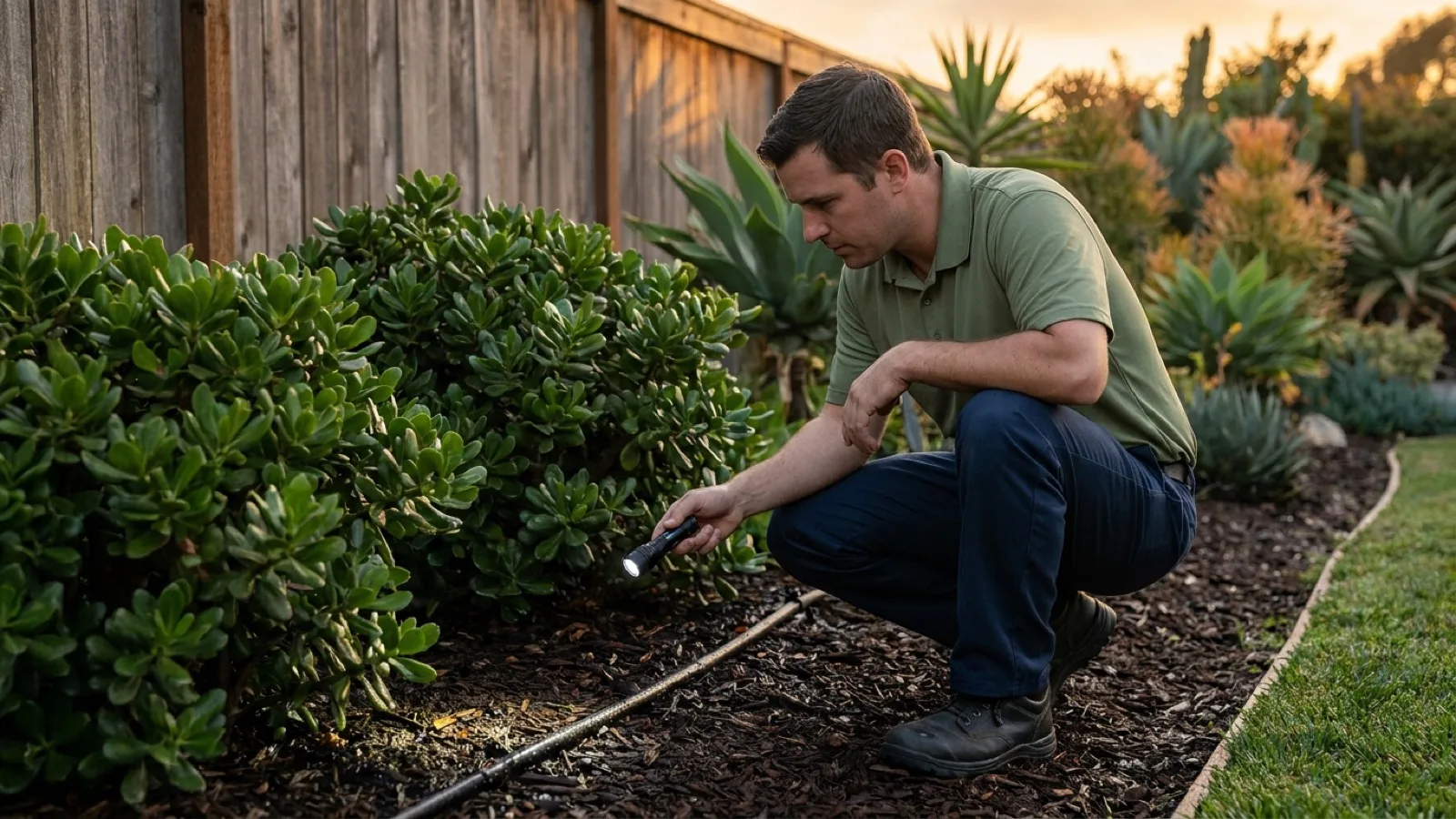 A pest control technician inspecting a damp, mulched coastal San Diego garden bed with a flashlight at dusk
