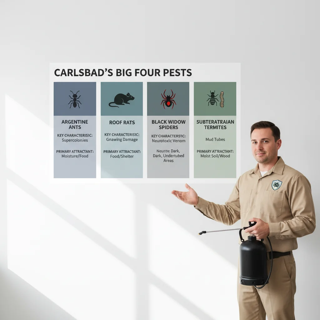 An infographic showing the four most common pests in Carlsbad - Argentine ants, roof rats, black widow spiders, and subterranean termites - with icons and key facts about their attractants and signs.
