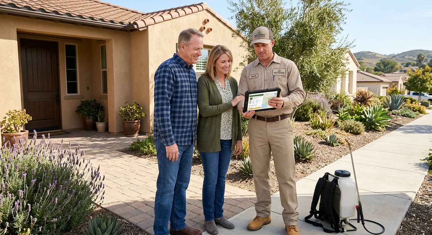 A San Diego homeowner reviewing a pest control quote on a tablet outside their home.