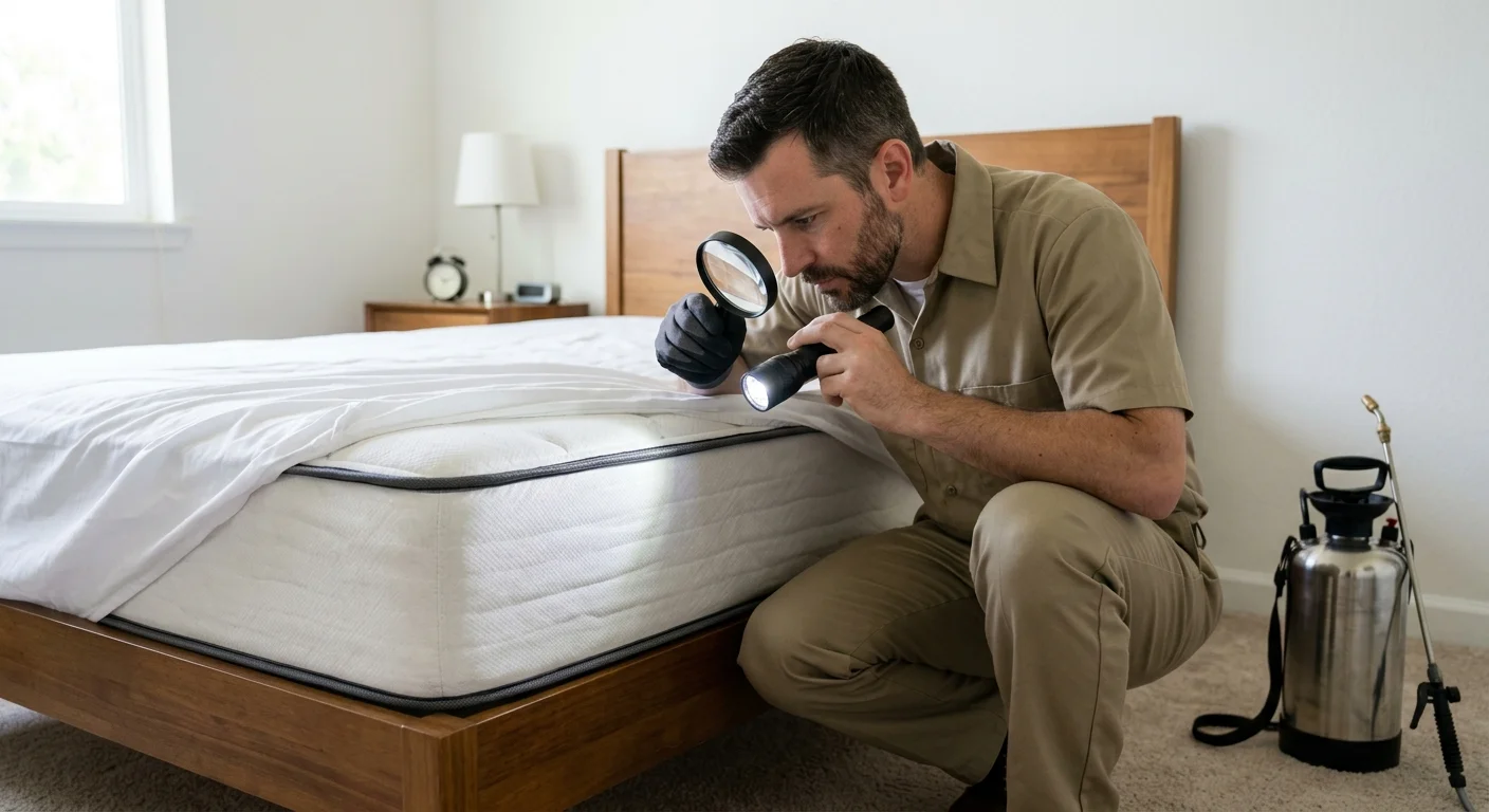 A licensed pest professional examining a mattress seam with a flashlight