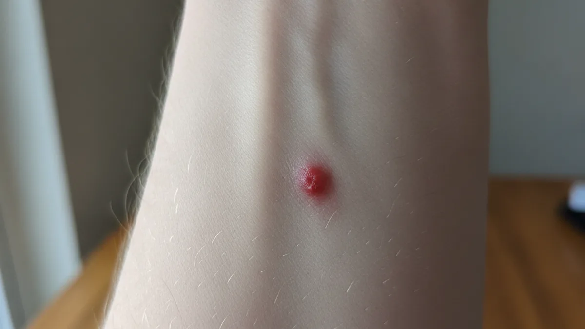 A raised red insect bite welt on the skin of a human forearm.