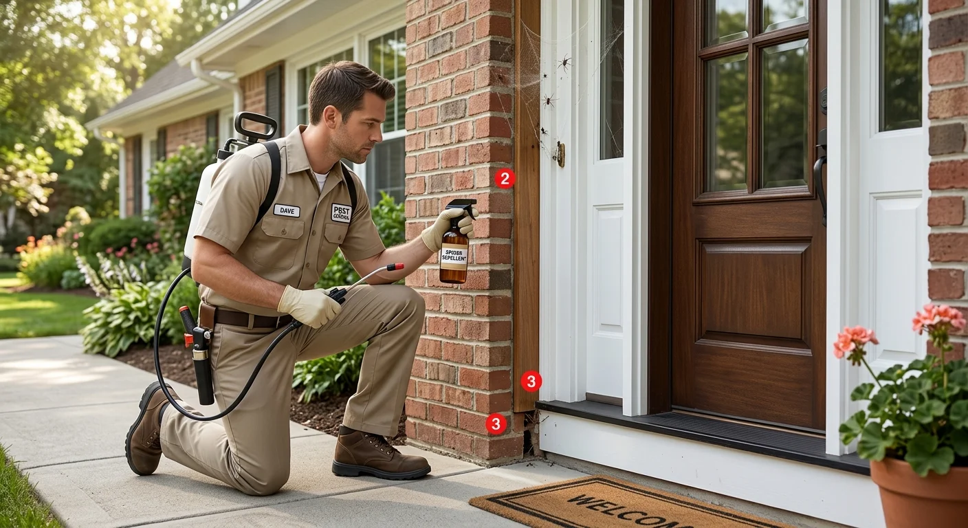 A clean residential doorway with webs, small entry gaps, and an unbranded spider spray bottle