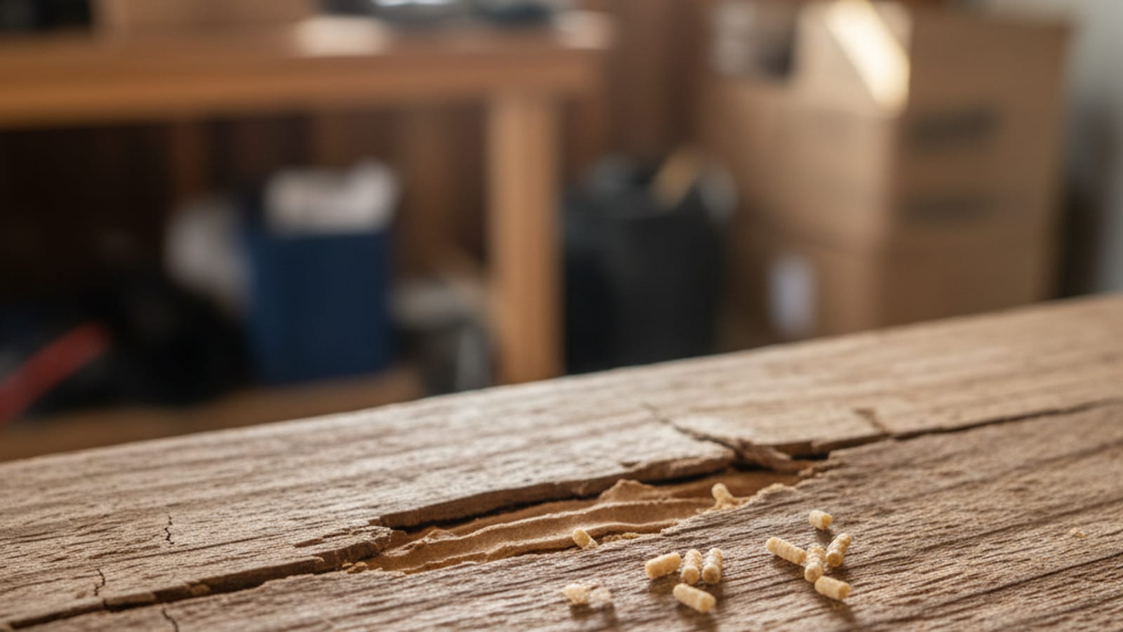 A close-up view of termite damage on a wooden beam in a San Diego home with visible galleries carved through the wood