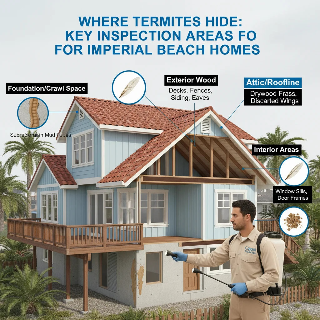 Infographic detailing the key areas and signs a licensed inspector looks for during a termite inspection in Imperial Beach.