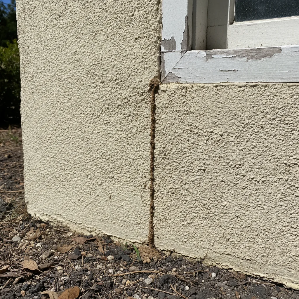 A narrow mud tube running up a stucco foundation wall from bare soil to a window frame