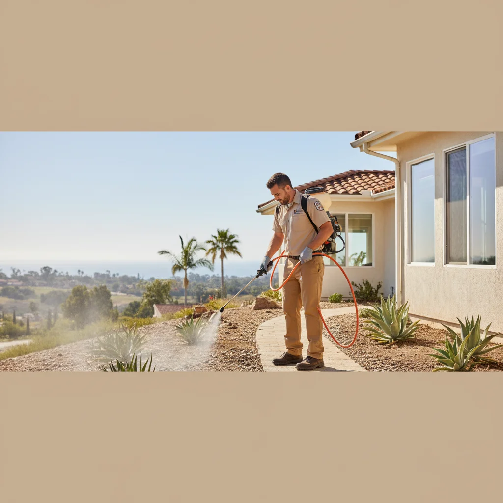 A Pest Pros San Diego technician inspecting a home's foundation for termites.
