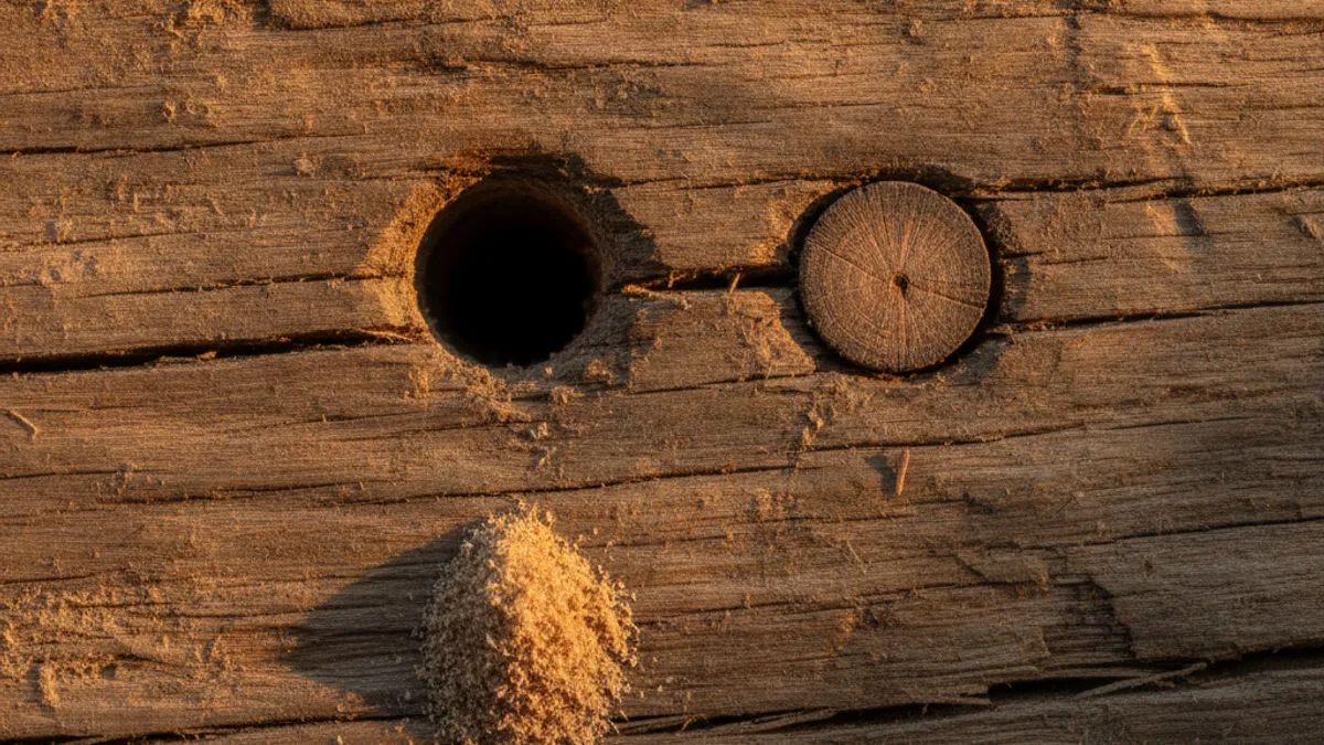 A drilled treatment hole in a wooden beam beside a plugged filler dowel and fine sawdust.