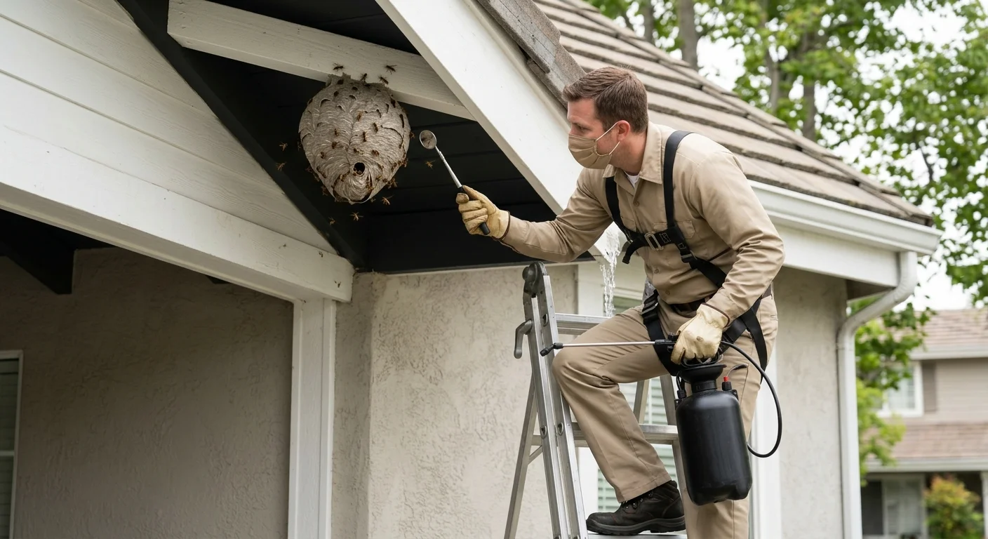 Masked pest technician on a ladder checking an enclosed gray paper wasp nest under an eave
