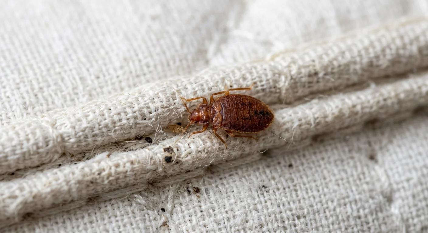 A very clear, macro photo of a single adult bed bug on the seam of a white mattress.