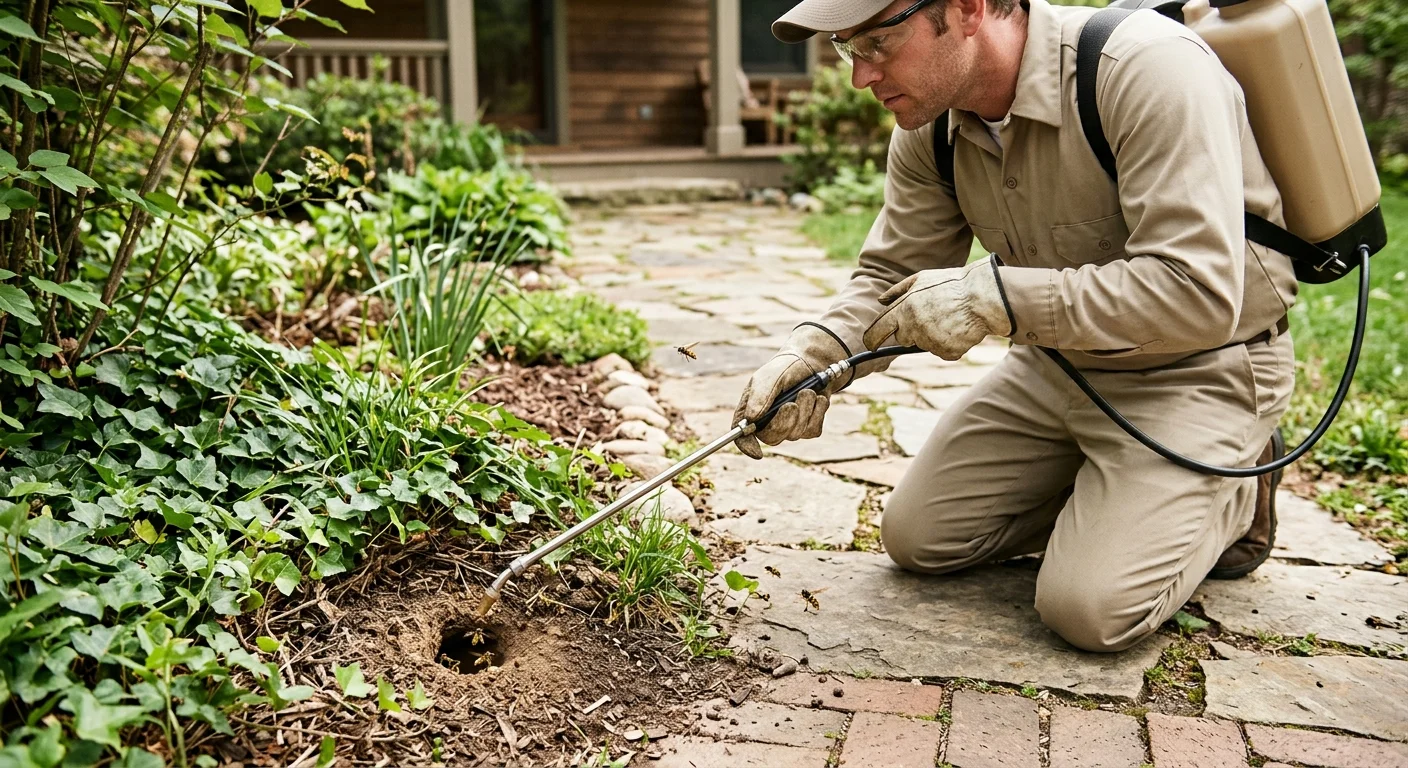 Yellow jacket entering a ground nest beside a walkway