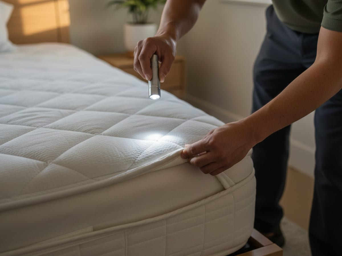 A close-up view of a mattress seam being inspected with a flashlight for bed bug evidence