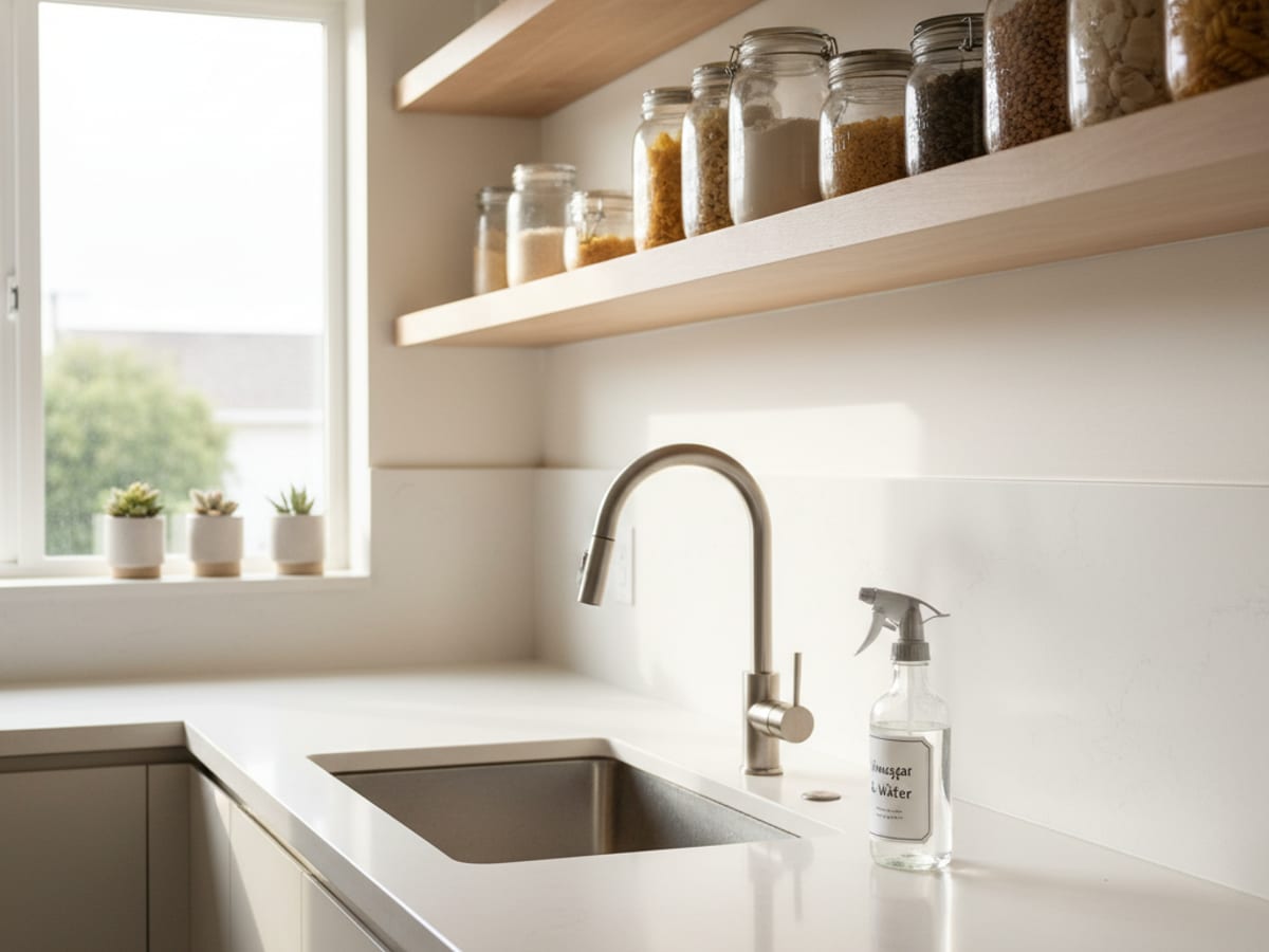 A close view of a clean kitchen counter and sink with ant-prevention measures: sealed food containers, wiped surfaces, no standing water