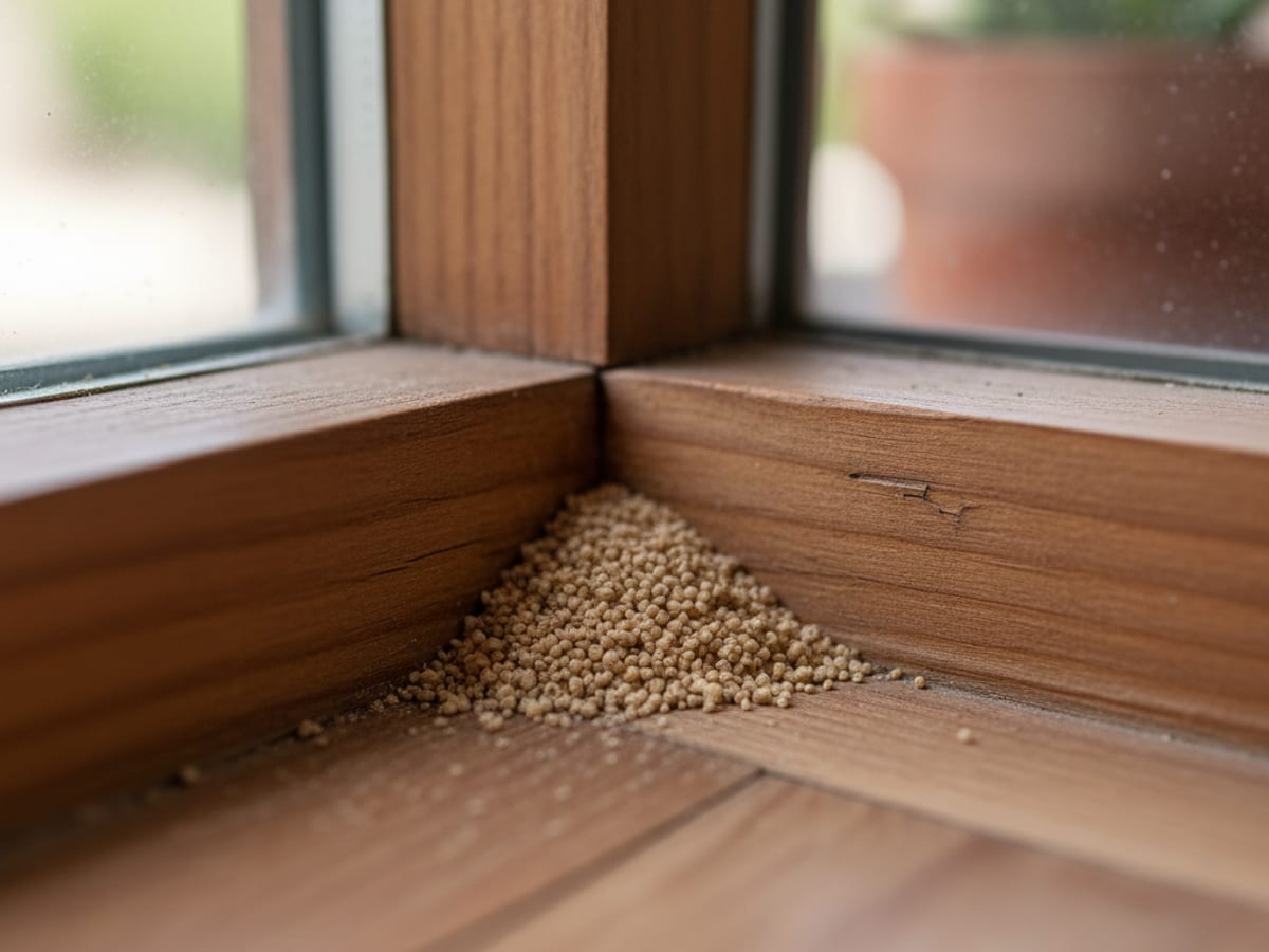 A close-up view of small light-tan drywood termite frass pellets accumulating on a wooden windowsill