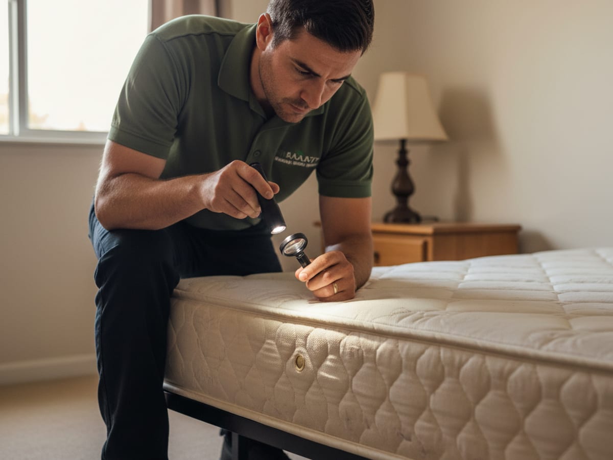 A pest control technician inspecting a mattress seam for bed bug evidence in a San Diego bedroom