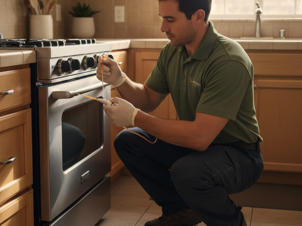A pest control technician applying cockroach gel bait behind a kitchen appliance in a San Diego home