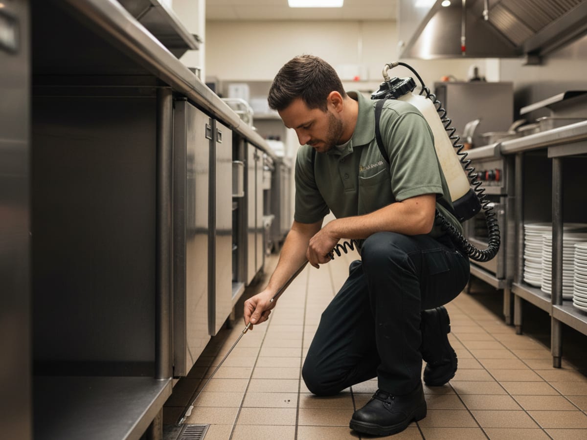 A pest control technician servicing a commercial restaurant kitchen in downtown San Diego